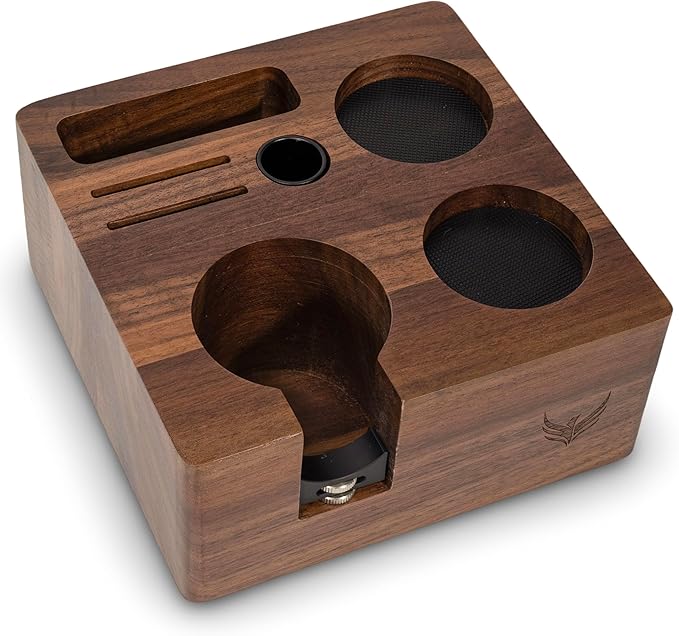 58.5mm Espresso Barista Kit – Walnut Espresso Press Tool Tamper, Espresso Distributor, Tamping Box, Dosing Funnel, Puck Screens, and WDT Tool