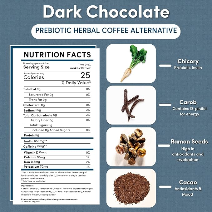 Teeccino Dark Chocolate Prebiotic SuperBoost™ Coffee Alternative - 10 Ounce - Support Probiotics with Caffeine-Free Herbal Coffee Featuring 3 Vegan Prebiotics for Gut Health