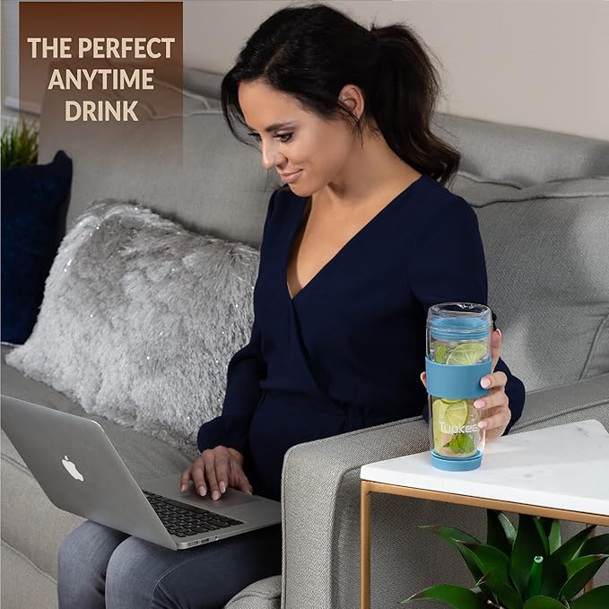 Tupkee Double Wall All Glass Tumbler - 14-Ounce, Reusable Insulated Tea/Coffee Mug & Lid, Hand Blown Glass Travel Mug - Niagara - 2 Pack