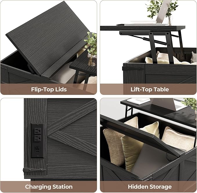 Farmhouse Lift Top Coffee Table, Square Wood Center Table with LED Lighting, USB-C Charging Station, and Hidden Storage Compartment - Rustic Black Living Room Furniture