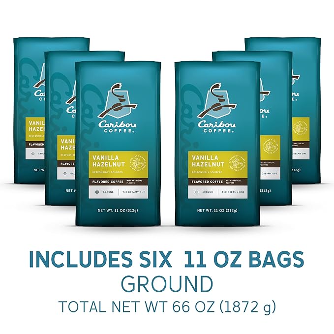 Caribou Coffee, Flavored Ground Coffee, 100% Arabica Coffee - Vanilla Hazelnut Dreamstate 66 Ounces (6 Bags of 11 Ounces)
