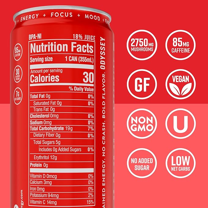 Odyssey Functional Energy Drink for Focus, Cognition & Mood Support 12 Pack - Adaptogenic Drink with 85mg Green Tea Caffeine, Lion’s Mane, Cordyceps, L-Theanine & Ginseng, Passion Fruit Orange Guava