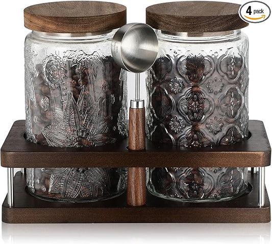 Suclain Glass Coffee Grounds Container with Shelf 2 x 34 oz Glass Coffee Bean Storage Canisters with Airtight Thread Lid and Measuring Spoon Food Storage Jars for Kitchen Sugar Nut
