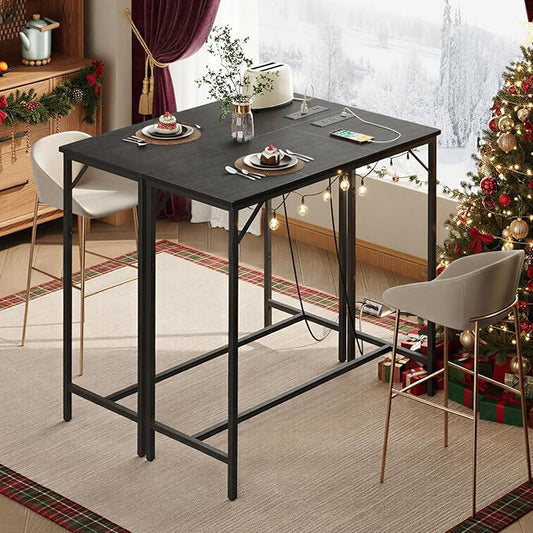 HOOBRO Bar Table with Charging Station, Rectangular Pub Table, High Top Coffee Table, Counter Bar Height Table, Narrow Long Dining Table, 35.4" L x 15.7" W x 35.6" H, Black BB90UBT01N1