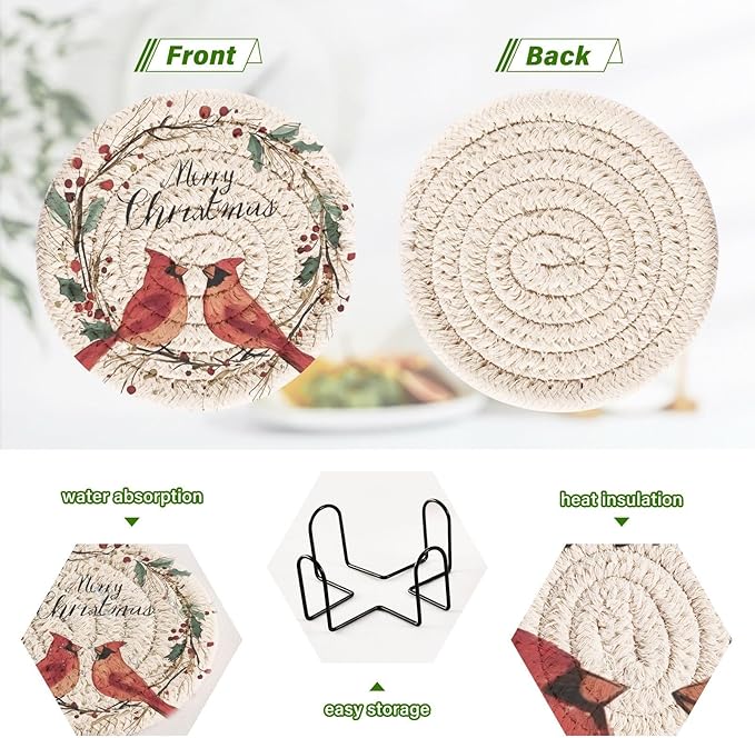 Christmas Coasters with Holder Wreath Cardinals Red Bird Coasters Set of 6 Cotton Woven Absorbent Cup Coaster Christmas Xmas Holiday Party Table Decor 4 Inches