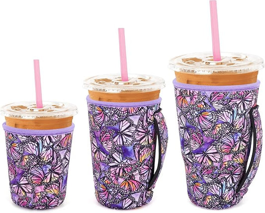 3 Pack Iced Coffee sleeve Insulated Neoprene Cup Sleeves with handle For Cold Drinks Beverages, Reusable Cup Holder for 16oz-32oz Coffee Cups (Butterfly Galaxy)