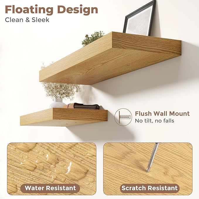 Marsmiles 12" Deep Floating Shelves for Wall with Invisible Brackets, Wall Mounted Engineered Wood Shelves with Wood Grain for Living Room, Bedroom, Kitchen Decor and Storage, 24" L Set of 2, Oak