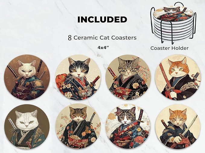 Ninja Cat Coasters Set of 8 Ceramic Cat Lover Gift Coasters with Holder for Table Bar Desk Anime Cat Decor