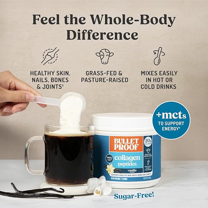 Bulletproof Vanilla Collagen Peptides Powder with MCT Oil, 14.3 Ounces, Grass-Fed Collagen Protein for Skin, Bone and Joint Support, Pasture Raised, No Added Hormones, Packaging May Vary