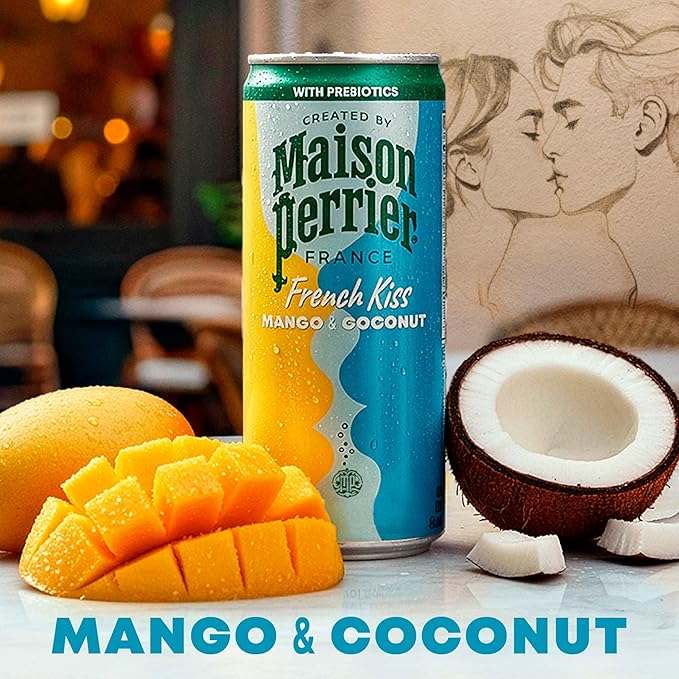 Maison Perrier French Kiss Sweetened Sparkling Juice Beverage, Mango & Coconut Flavors With Real Fruit Juices, 24Pk