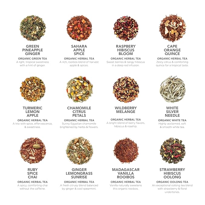 Teabloom - World's Finest Pyramid Tea Collection, 24 Varieties of USDA Certified Organic & Kosher Teas - Black Tea, Green Tea, White Tea, Oolong Tea, and Herbal/Fruit Tea Blends