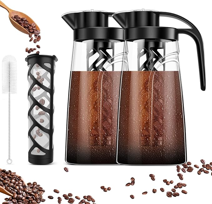 YURICK Cold Brew Coffee Maker, 70 oz (2100 ml) BPA Free Tritan Pitcher, Iced Coffee Maker and Tea Brewer, 100% Leak-Proof, Easy to Clean Reusable Mesh Filter, Black (2 Pack)