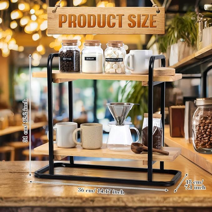 Bokon Coffee Station Organizer 2 Tier Wooden Serving Tray Charcuterie Board Stands Rectangle Coffee Bar Organizer Dessert Display Stand Tiered Cupcake Stand for Kitchen, Office, Home