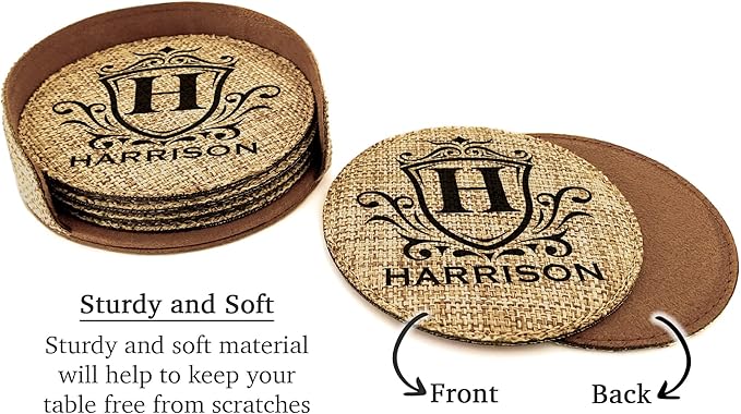 Smile Art Design Family Personalized Monogram Coaster Set of 6 with Base Round Burlap Material Family Name Personalized Prints House Warming Wedding Gift Dining Room Kitchen Rustic Decor Style4
