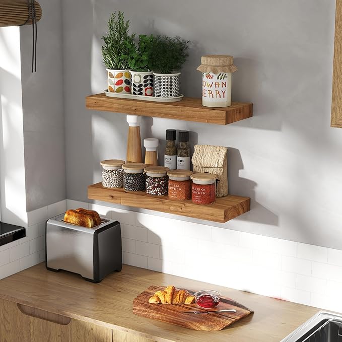 Fun Memories Wood Floating Shelves 24 Inch Long, Rustic Elm Wood Wall Shelves for Farmhouse, Living Room, Kitchen, Wall Mounted Bathroom Shelf Floating Shelf with Invisible Bracket Set of 2, Natural