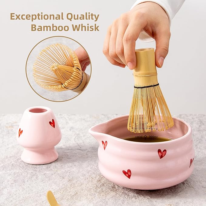 5pcs Premium Matcha Set,Ceramic Bowl with Spout and Bamboo Whisk set, Ceremonical Matcha Kit for breakfast/latte,Tea Starter Making Kit,Unique Matcha Gift set (pink love)