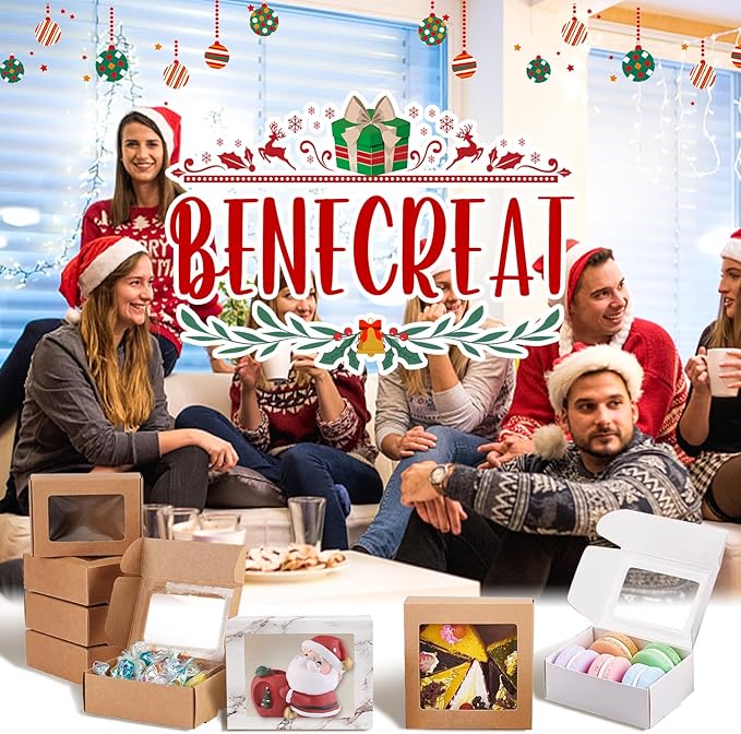 BENECREAT 30 Packs 2.5x2.5x1.2inch Square Brown Kraft Paper Boxes Gift Candy Boxes with Clear Window for Wedding Party Favor Treats, Bakery and Jewelry, Festival Gift Packaging