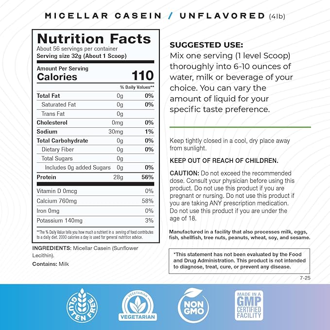 Muscle Feast Grass Fed Micellar Casein Protein Powder, Pasture Raised & Hormone Free, Slow Digesting Casein Protein - Supports Overnight Muscle Recovery, Gluten Free Protein Powder - Unflavored, 4lb