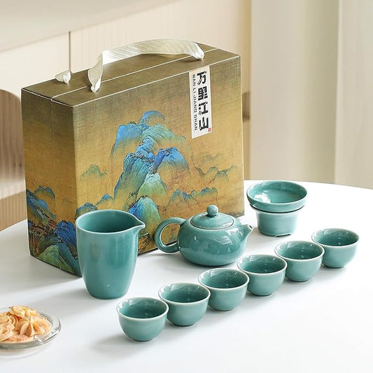 Chinese Tea Set, 10-Piece Ceramic Set with Teapot and Cups, Gongfu Tea Set,Tea Gift Sets,Outdoor and Office (Ge Kiln Green)