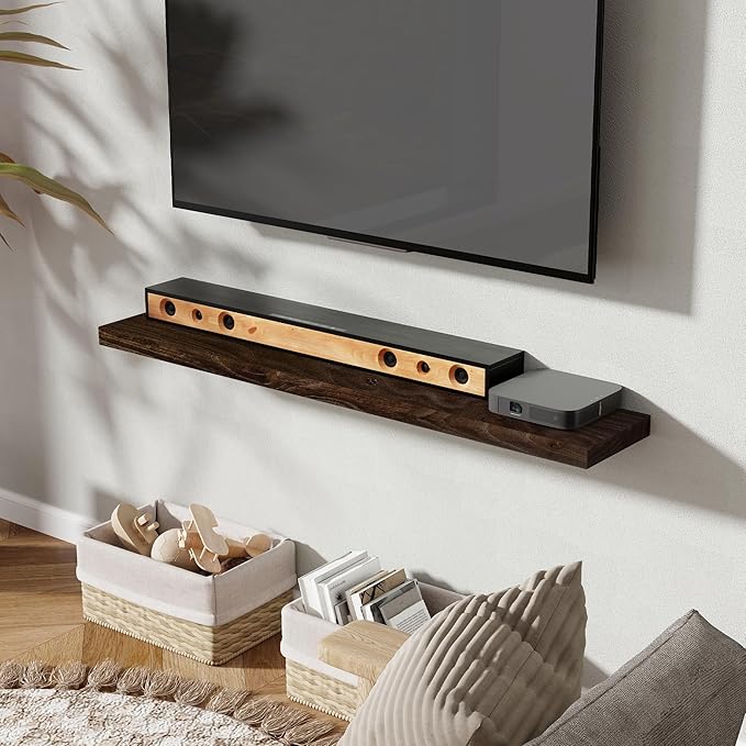 48 Inch Floating Shelves, Rustic Elm Wood Wall Shelves for Farmhouse, Bedroom, Kitchen, Wall-Mounted Long Floating Shelf Heavy-Duty Bracket, Solid Wood Shelf Set of 1 for Home Decor Display, Walnut