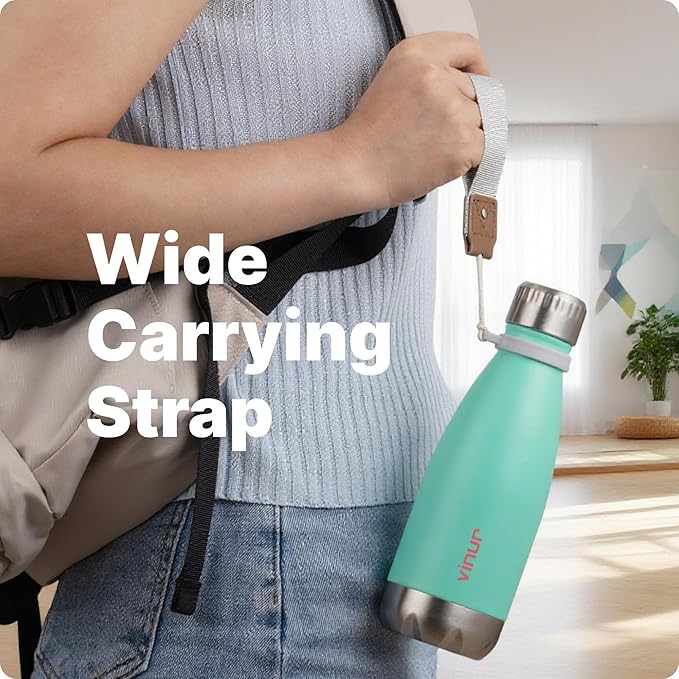 VINUR Small Water Bottle- 9 oz Stainless Steel Vacuum Insulated Leak Proof Water Bottle for kids Travel-Cola Shape Reusable Flask with Carry Rope for Girl, Teal