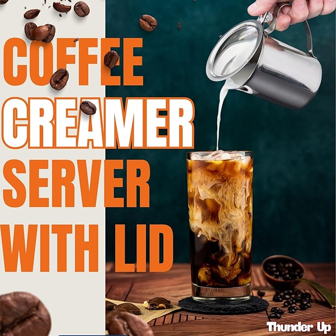 Thunder Up Creamer with Lid 10 Oz (2 pcs), Coffee Creamer Container, Small Stainless Steel Milk Pitcher, Coffee Cream Dispenser, Creamer Pitcher with Lid, Silver