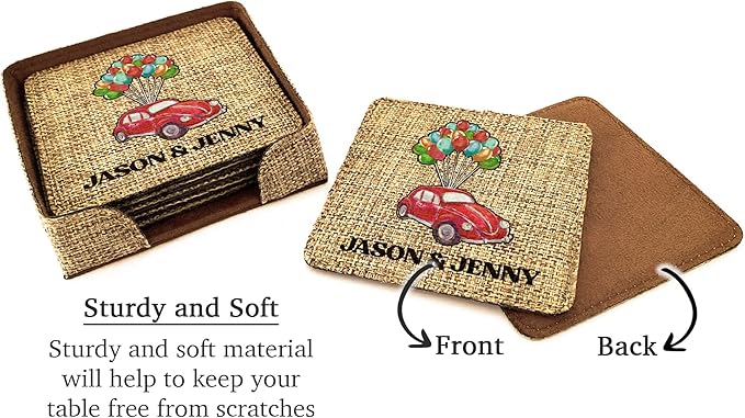 Smile Art Design Family Couple Names Custom Drink Coaster Set of 6 with Base Square Burlap Material Car Design Personalized Prints Personalized Gifts House Warming Rustic Decor Style9