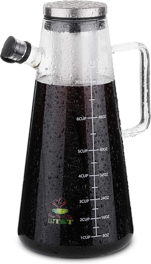 BTaT- Airtight Cold Brew Iced Coffee Maker Pitcher, 2 Liter/ 64 oz, Iced Tea Maker with Spout, Brewing Glass Carafe with Removable Stainless Steel Filter