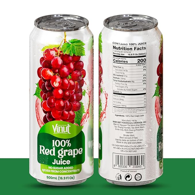 VINUT 100% Red Grape Juice, No Added Sugar, Not From Concentrate, 16.9 fl oz (500 mL) Can, Pack of 12