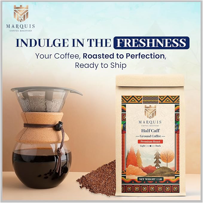 Marquis - Half Caff Ground Coffee, Rich Blend of Half Ethiopian Yirgacheffe & Colombian Decaf Ground Coffee, Fresh Dark Roast Coffee with a Fruity Flavor, Premium Half Caff - 1 lb