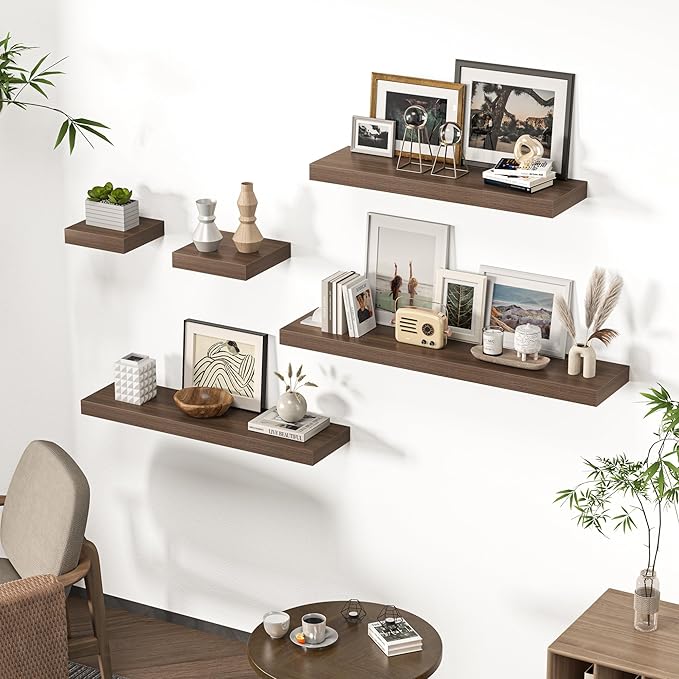 Floating Shelves for Wall, 24" W x 6.7" D x 1.5" H, Wooden Wall Mounted Display Shelves with Invisible Brackets for Living Room, Bedroom, Bathroom, Kitchen Decor and Storage, Set of 2, Walnut