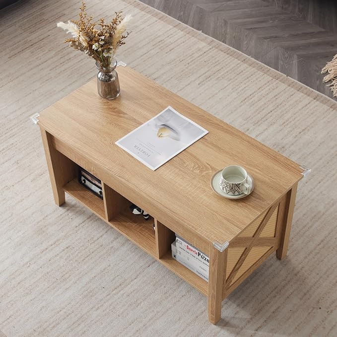 VINGLI Farmhouse Lift Top Coffee Table, Rustic Grey with Storage Shelf/Hidden Compartment, Mesa De Centro para Sala, Rustic Brown (Rattan Natural, 40" L)