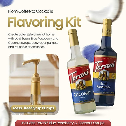 Jimoco Barista Set – Torani Blue Raspberry & Coconut Syrups (25.4 oz Each) with 2 Jimoco Syrup Pumps, Reusable Cups, Straws & Stirrers – Coffee, Italian Soda & Cocktail Flavoring Kit