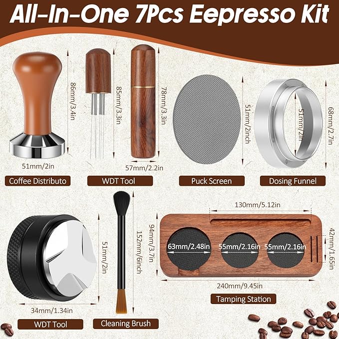Ferrochef 7 Pcs Espresso Accessories Kit, 51 mm Coffee Tamper Set Espresso Machine Accessories Coffee Tamper Wdt Tool Dosing Funnel Puck Screen Brush Tamping Station for 51 mm Barista Tools