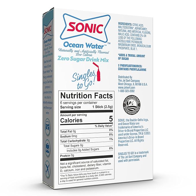 Sonic Singles to Go Powdered Drink Mix, Ocean Water, 6 Sticks per Box, 3 Boxes included (18 Sticks Total) (Pack of 2)
