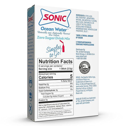 Sonic Singles To Go Powdered Drink Mix, Ocean Water, 6 Sticks Per Box, 12 Boxes (72 Sticks Total)