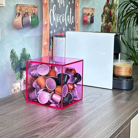 Coffee Capsule Storage Box Coffee Pod Holder Organizers Accessories Anti Dust Durable Clear Acrylic Box for House and Office Use, Pink, 5x5 In