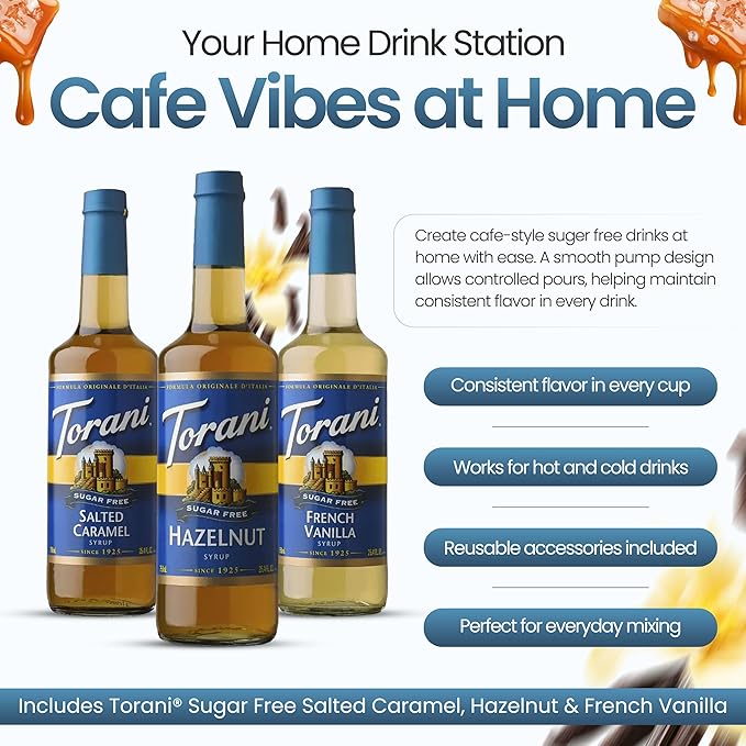 Jimoco Barista Set – Torani Sugar Free French Vanilla, Salted Caramel & Hazelnut Syrups (25.4 oz Each) with 3 Jimoco Syrup Pumps, Reusable Cups, Straws & Stirrers – Coffee, Italian Soda & Cocktail Flavoring Kit