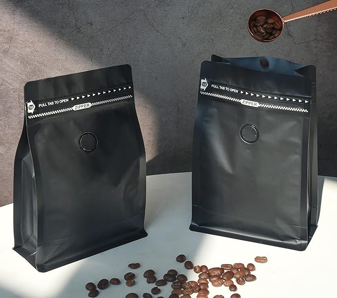 100 Count ½ LB Black Color Foil Coffee Bags with Degassing Valve, High Barrier Aluminum Foil - Flat Bottom Coffee Pouches, Food Storage Bags with Rsealable Zipper & Easy Open Tape (Pack of 100,