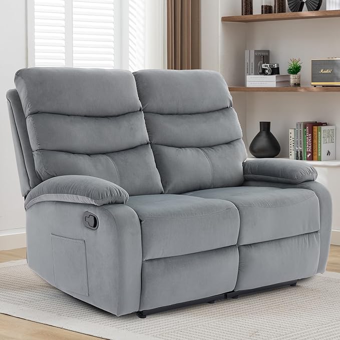Loveseat Recliner Sofa Couch, Velvet 2-Seater Reclining Sofa for RV, Double Seater Wall Hugger Recliner Chair for Living Room, Home Theater Seating, Dark Grey
