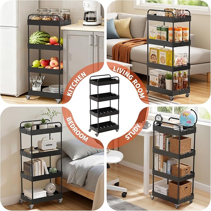 HOTEAGLE 4-Tier Rolling Cart Metal Expandable Utility Carts with Wheels, Ideal Storage Organizer for Livingroom, Bedroom, Kitchen and Bathroom, Black