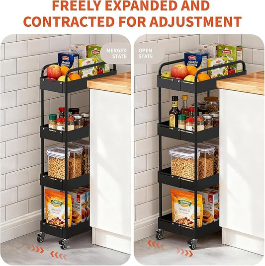 HOTEAGLE 4-Tier Rolling Cart Metal Expandable Utility Carts with Wheels, Ideal Storage Organizer for Livingroom, Bedroom, Kitchen and Bathroom, Black
