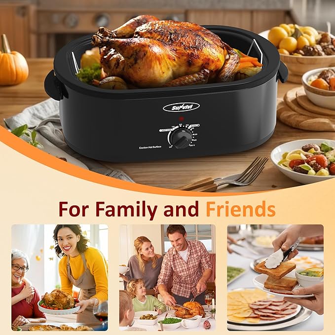 Sunvivi Electric Roaster,20 Quart Roasting Oven with Self-Basting Lid Removable Pan,Turkey Roaster Oven with 150 to 450F Temperature Control Cool-Touch Handles,Black