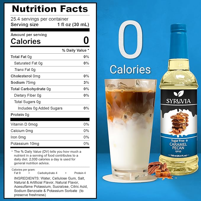 Syruvia Sugar Free Coffee Syrup, Caramel Pecan Flavored Syrup for Drinks, Lattes, and Desserts – 25.4 fl oz, With Pump