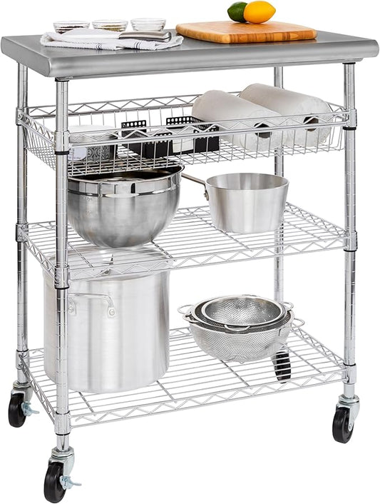 Seville Classics Commercial Work Table Island Utility Cart Prep Station, for Restaurant, Kitchen, Warehouse, Garage, Hotel, Home, Stainless-Steel Top NSF , 30" W x 20" D