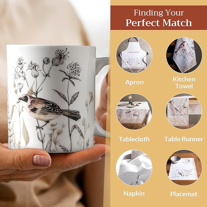 Maison d' Hermine Coffee Mug with Handles Fine Bone China Mugs Pack of One Tea Cups for Hot Beverages Cappuccino Latte Home Office Perfect for Gift (Meadow Florals - Brown Meadow Mornings, 15 Ounce)