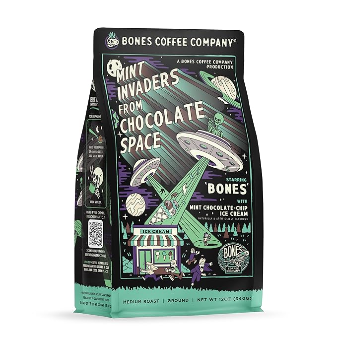 Bones Coffee Company Mint Invaders, Mint Chocolate Chip Flavored Coffee, Medium Roast Low Acid Arabica Beans Compatible with Auto drip and French Press Coffee Maker, 12 Oz Ground