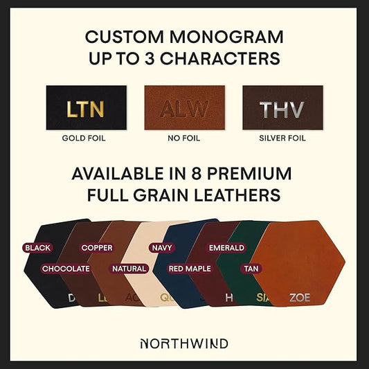 Northwind Personalized Leather Coasters – Set of 4 Full-Grain Leather 4” Hexagon Drink Coasters with Custom Engraved Monogram Initials – Stylish Home Décor for Weddings and Holidays
