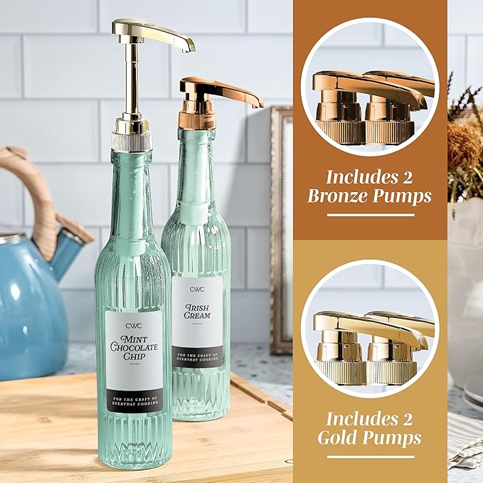 COOK WITH COLOR Glass Coffee Syrup Dispenser with Pump- Set of 2 Syrup Bottles for Coffee Bar, Decorative 350 ML Bottle with Ceramic Holder, Funnel, Labels and Extra Pumps, Textured Sage