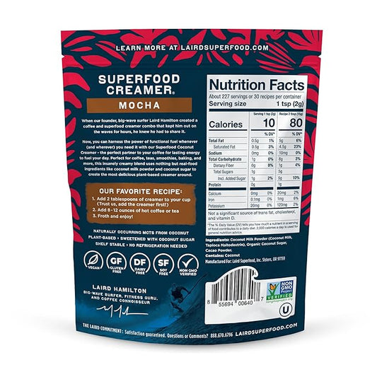 Laird Superfood Non-Dairy Coffee Creamer Mocha, Shelf-Stable Superfood Non-Dairy Powder Creamer, Gluten Free, Non-GMO, Vegan, 16 oz. Bag, Pack of 1